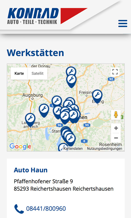 Screenshot Konrad Autoteile Filialsuche Smartphone