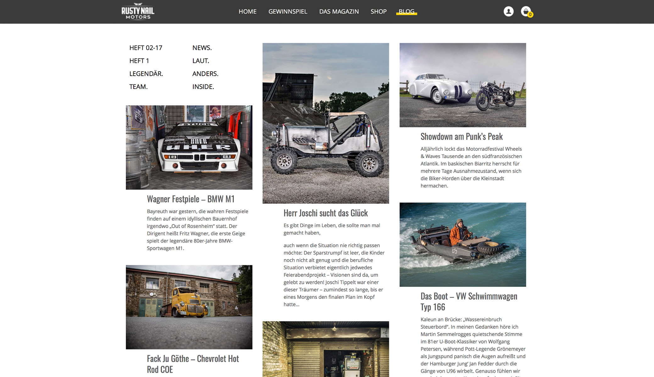 Screenshot Rusty Nail Motors WooCommerce Projekt Blog Desktop